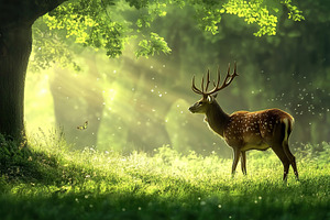 Adult deer with horns standing in a green meadow in summer nature, an Animal Photo by AlyaAnd