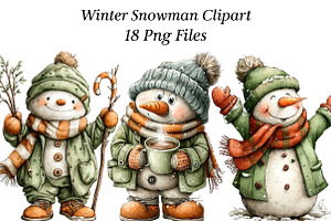 Watercolor Winter Snowman Clipart, an Illustration by CraftArtStudio