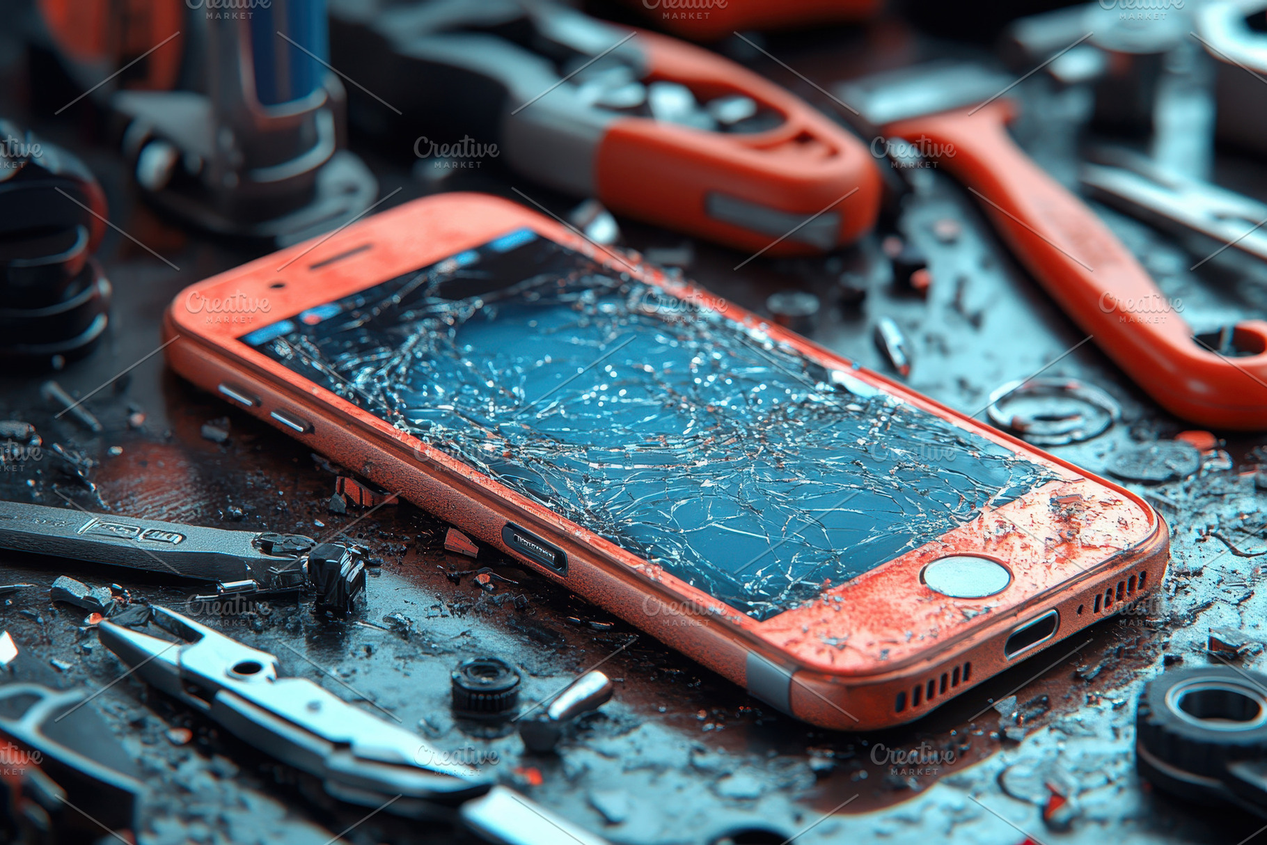Broken smartphone on a cluttered wor, a Photo by Tanuart