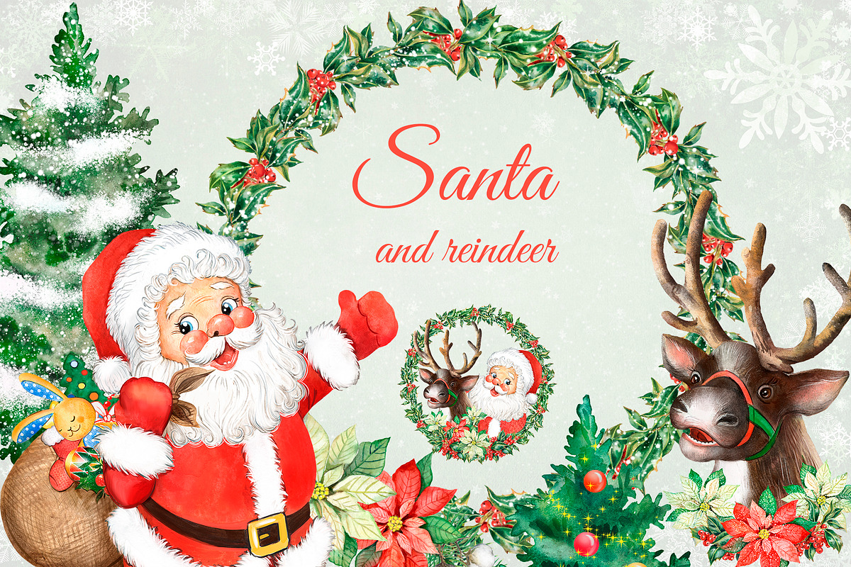 Santa, reindeer watercolorclipart., a Decorative Illustration by SavinV (Photo 1 of 7)
