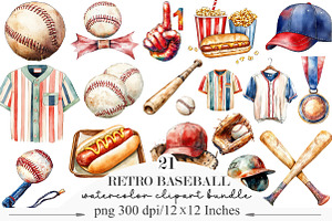 Retro Baseball Clipart Set, an Illustration by Designking
