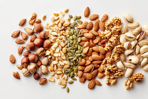 Assorted mixed nuts on white background, a Food & Drink Photo by AlyaAnd