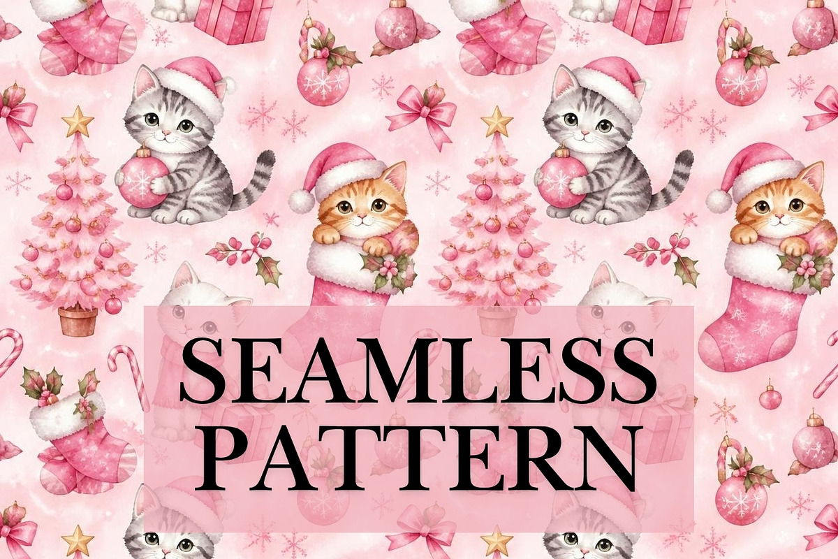 Cute Cats Christmas Seamless Pattern, a Pattern Graphic by elfy creative (Photo 1 of 4)