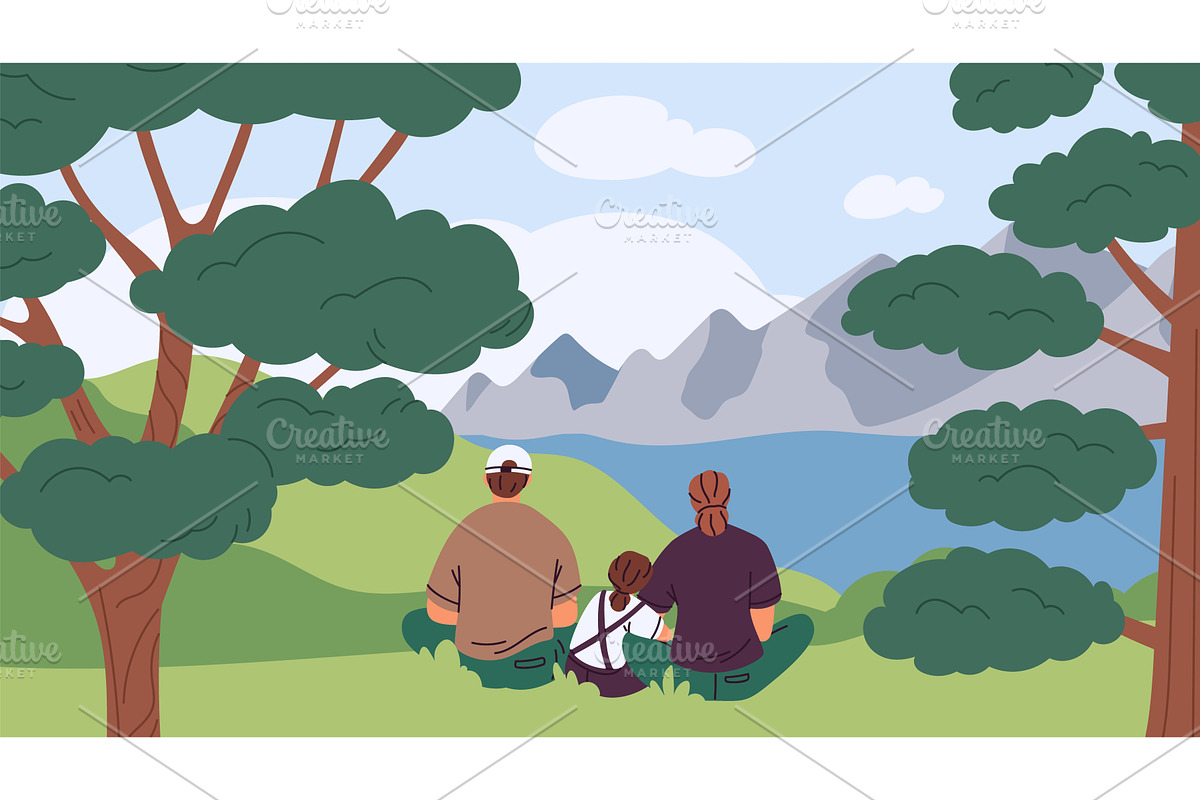 Family admires nature. Happy parents, a Person Illustration by YummyBuum