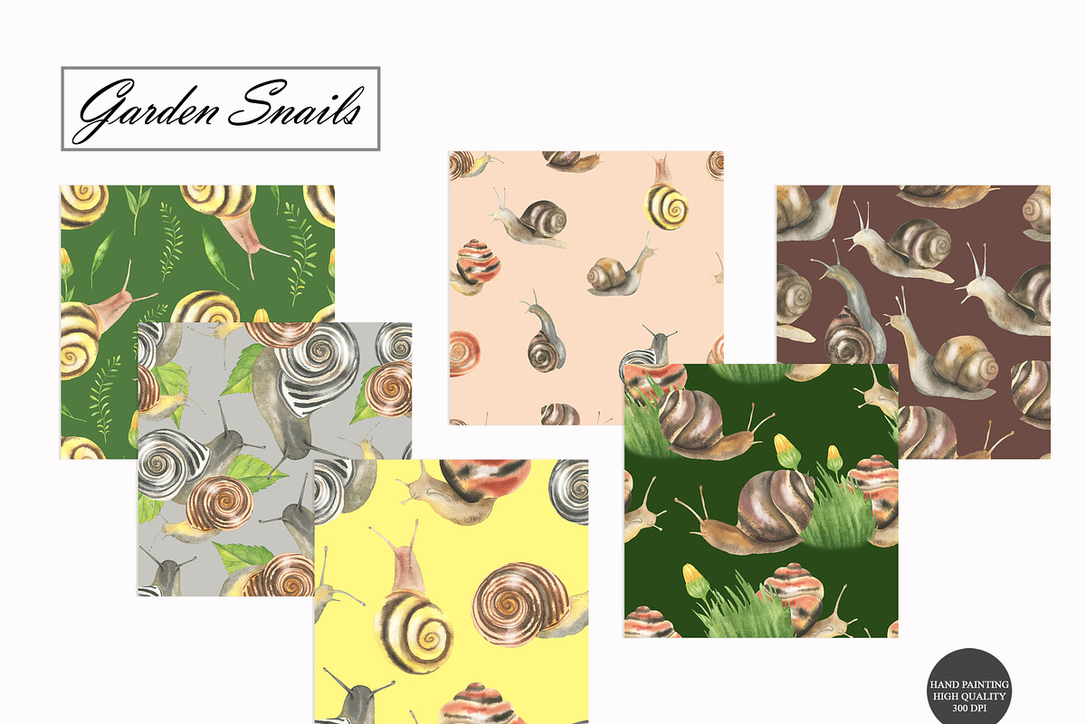 Watercolor Snail Seamless Patterns, an Animal Illustration by OlDm_Shop (Photo 2 of 10)