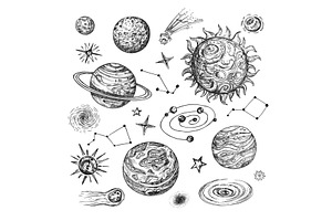 Hand Drawn Sun, Planets, Stars