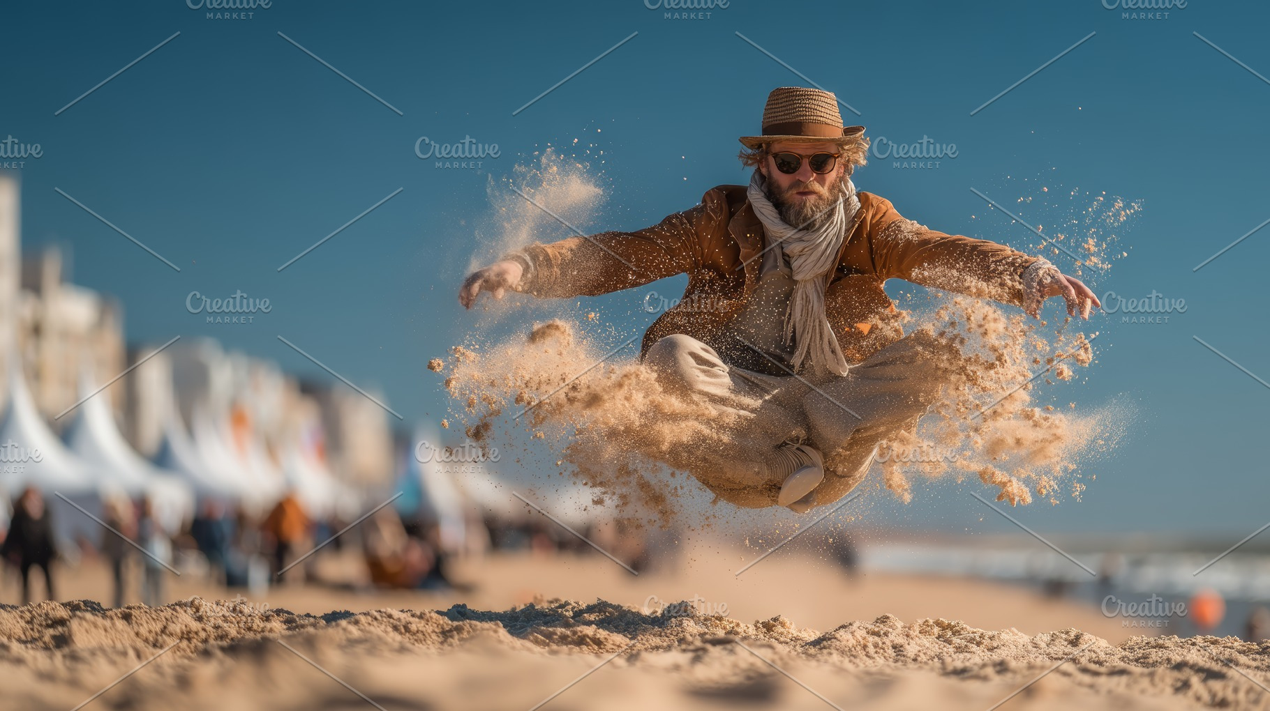 Man leaps on the beach creating sand spray in a sunny outdoor vacation scene to, a Photo by AS photostudio