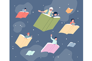 Flying with book. People fly on, an Education Illustration by LadadikArt