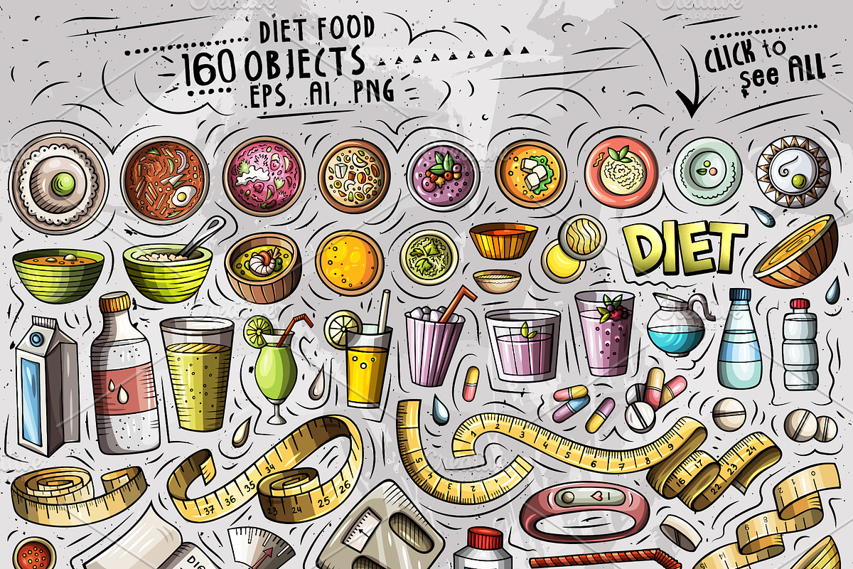 Diet Food Cartoon Vector Objects Set, an Object Graphic by BALABOLKA (Photo 2 of 4)