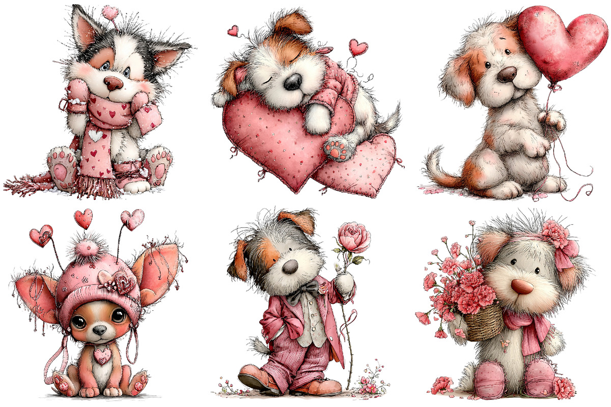 Whimsical Valentine Dogs Clipart, an Illustration by DreamArtGraphic (Photo 2 of 5)