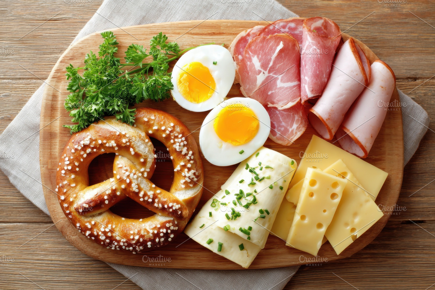 Delicious breakfast spread with pretzels and cheese, a Food & Drink Photo by AlyaAnd