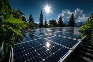 Solar panels on rooftop surrounded by greenery with bright sun a, a Technology Photo by José Manuel Gelpi