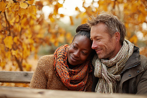 Couple enjoying a cozy moment together in a park surrounded by autumn leaves, a Photo by AlyaAnd