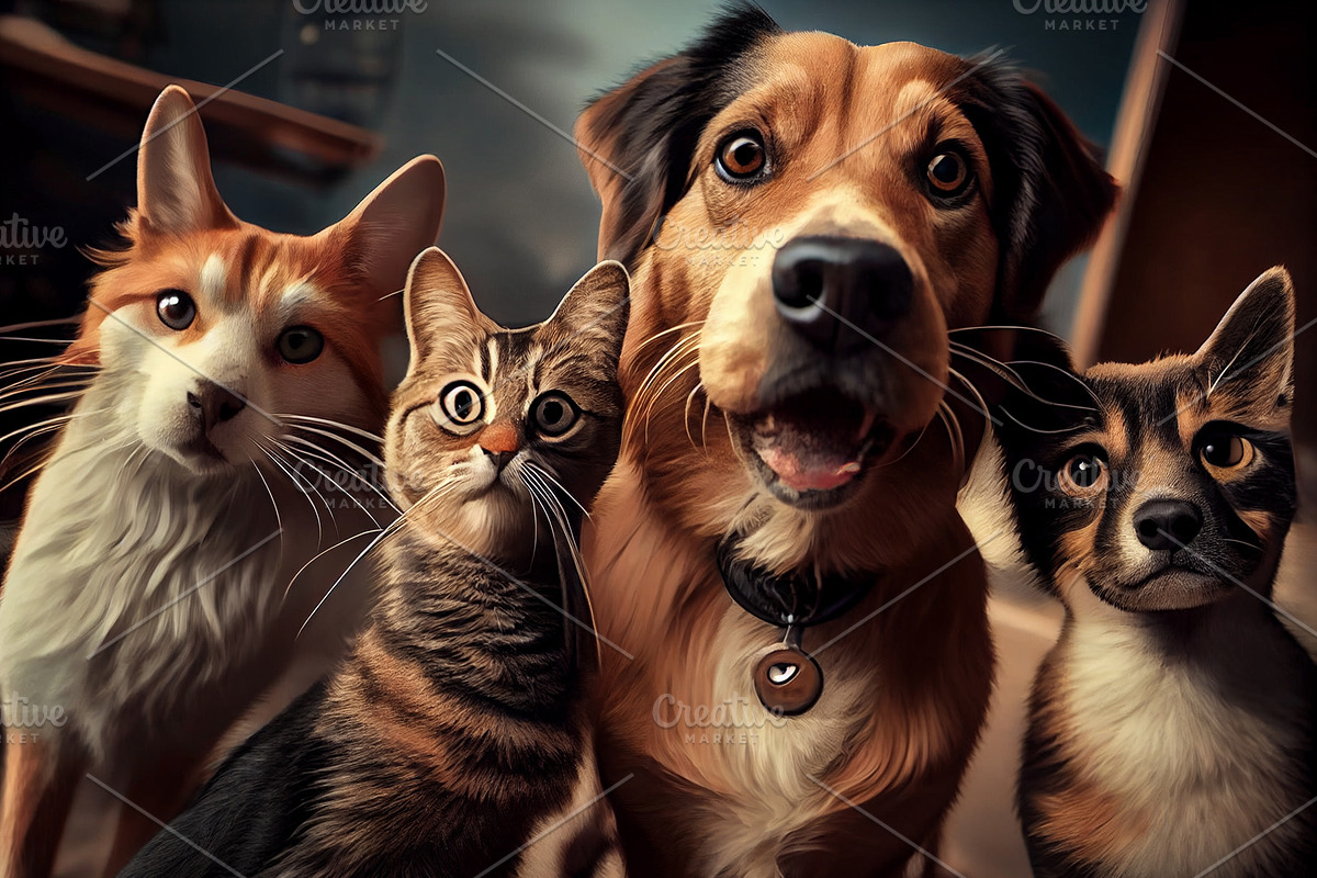 Gang of dogs and cats taking a selfie shot, an Illustration by Olyryk & Aglo