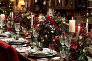 Elegant table setting for a Christmas dinner, featuring a central floral arrang, a Photo by Studio ANNA