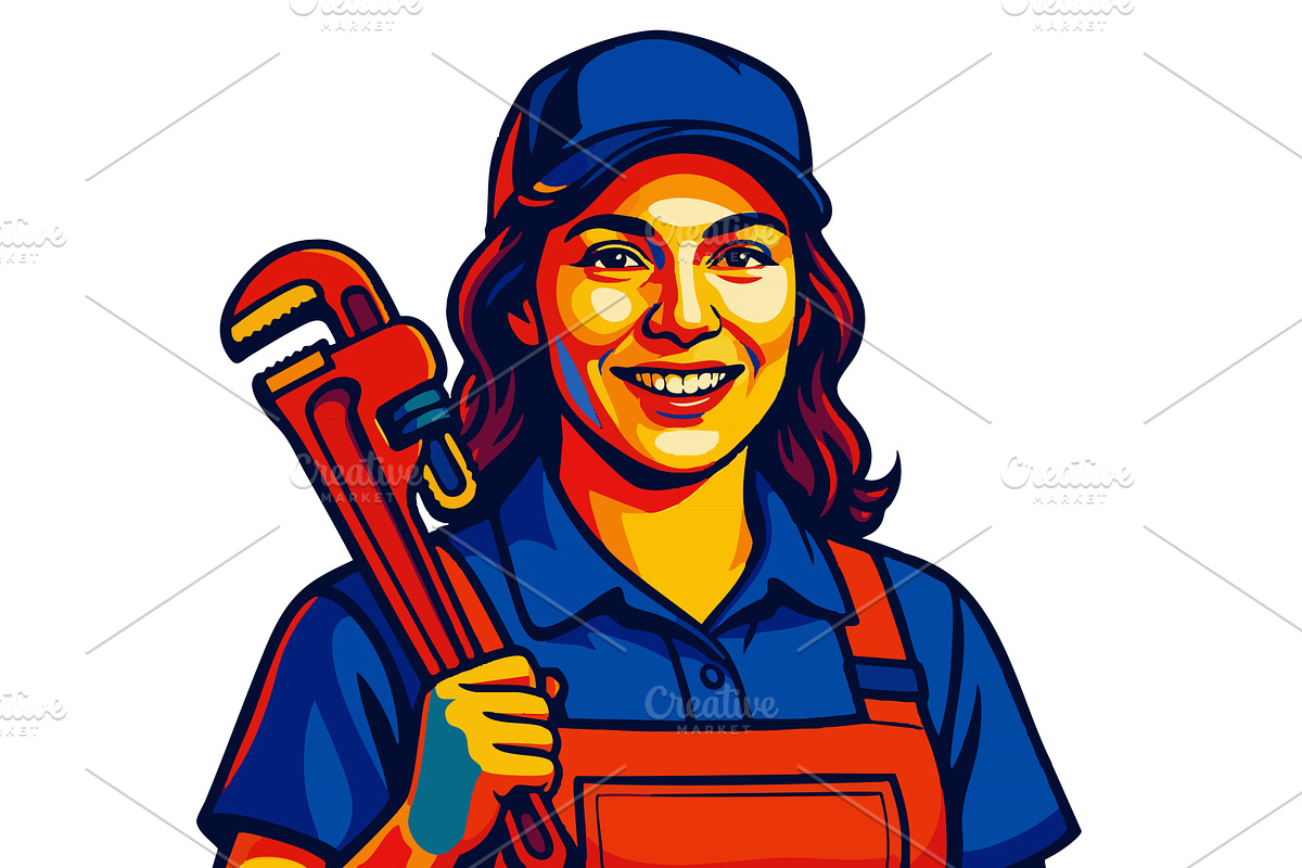 Smiling cartoon plumber holding pipe, an Illustration by AlexArt