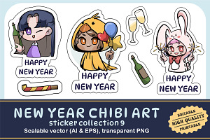 New Year Chibi Art Sticker Set 9, an Illustration by vectstudio