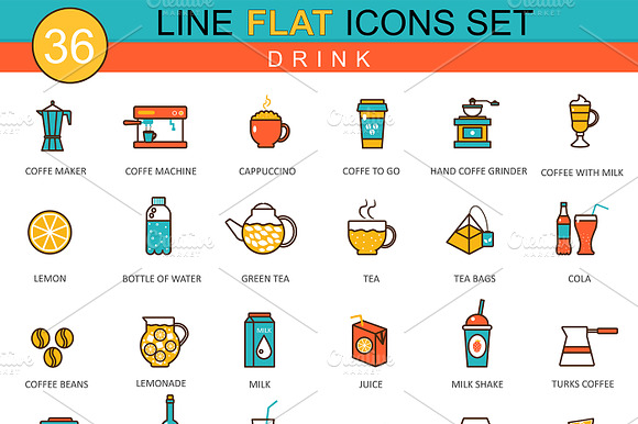 36 Drinks Flat Line Icons Set.