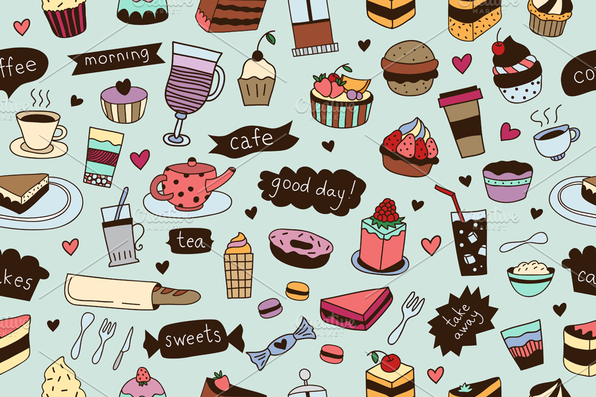 Hand drawn cafe icons + patterns, a Food Illustration by Redchocolate