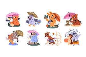 Animals with umbrella under rain set, an Animal Illustration by PaperTrident