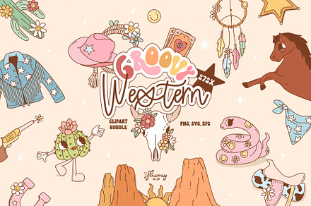 Groovy Western Retro clipart bundle, an Object Illustration by Huxmay