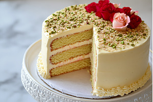 Layered pistachio cardamom rose cake, a Food & Drink Photo by Lermont51