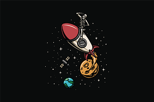 Skeleton on Rocket in Space, an Object Illustration by nomlimo.com