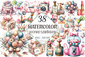 Watercolor Woman's Birthday Clipart, a Graphic by designcity5