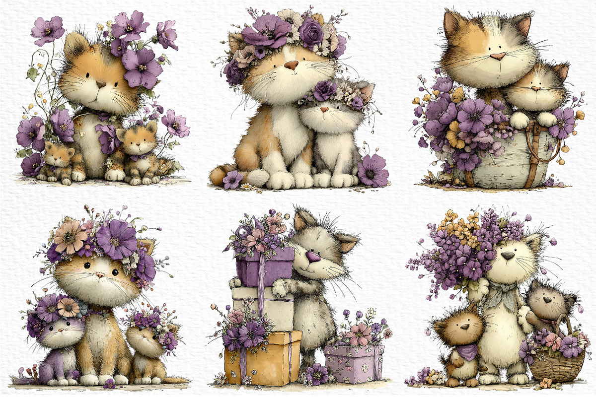 Whimsical Mother's Day Cats Clipart, an Illustration by Craft Nest (Photo 4 of 12)