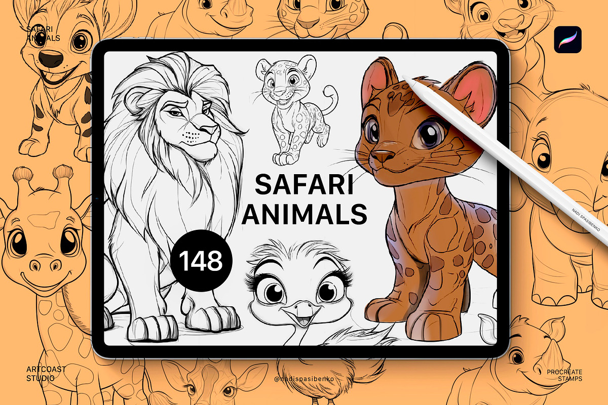 PROCREATE STAMP SAFARI ANIMALS, a Shape Add-On by Spasibenko Art (Photo 1 of 5)