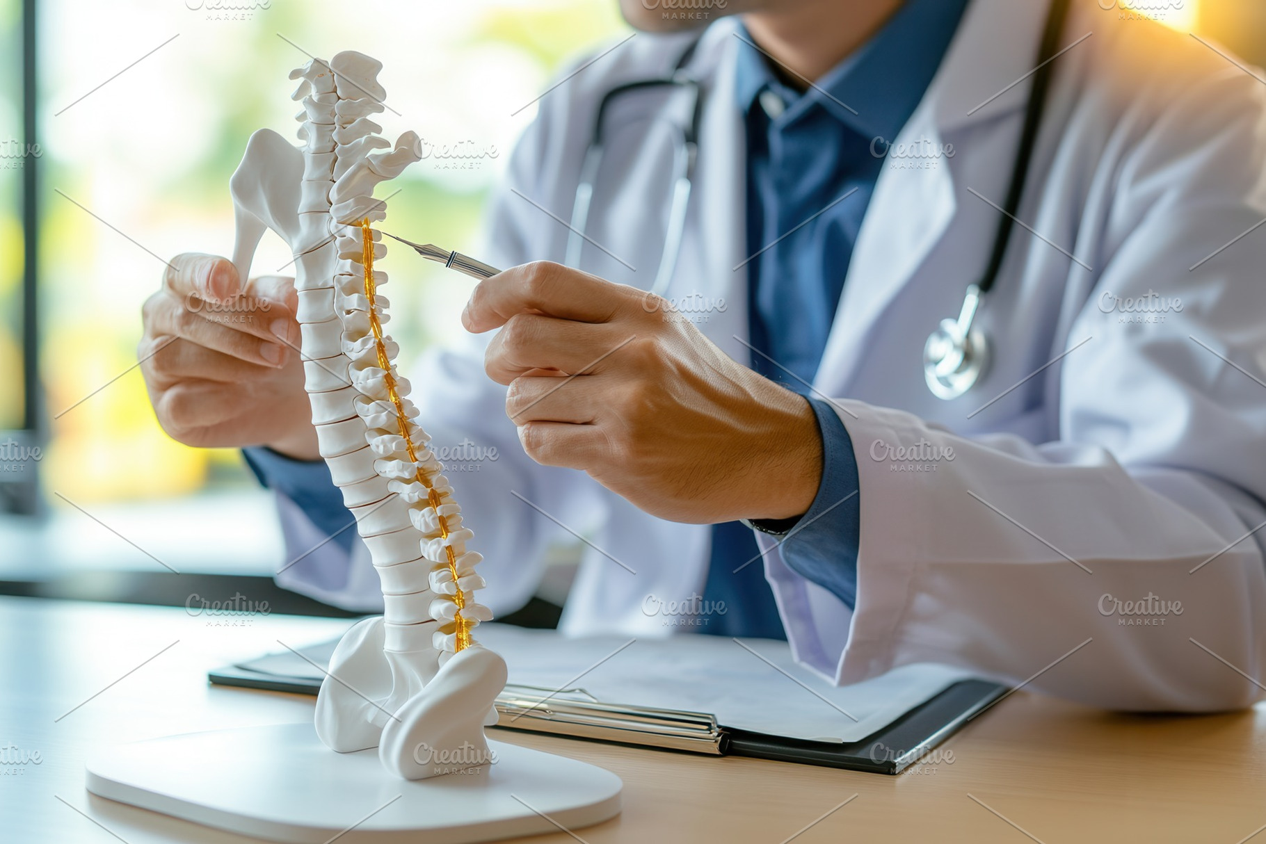 Doctor explains spine with model, a Photo by Pavel_design