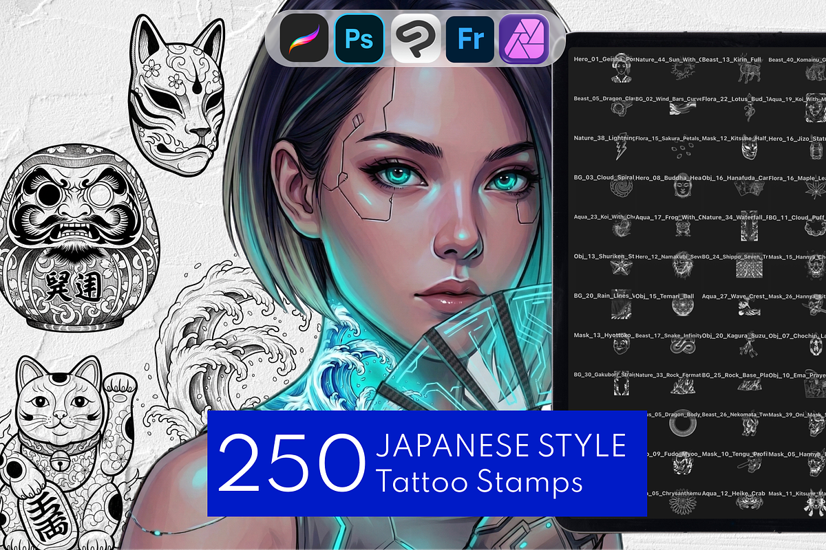 250 Japanese Tattoo Procreate Stamps, a Brush Add-On by Selentaori Studio (Photo 1 of 11)