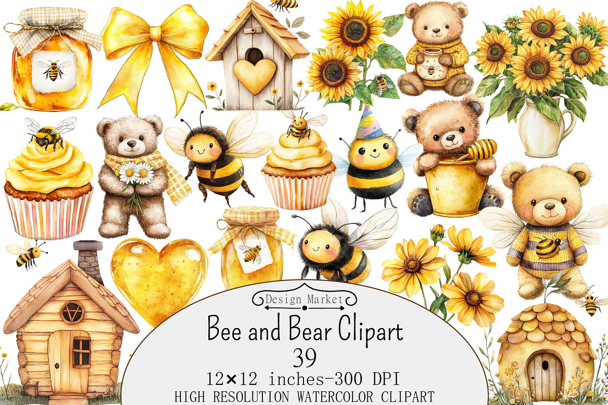 Watercolor Bee and Bear Clipart, a Seasonal Illustration by Design Market (Photo 1 of 4)