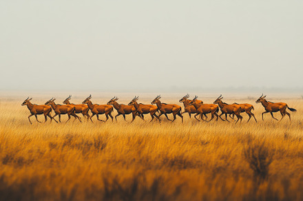 Red antelopes running in golden gras, an Animal Photo by Pixeness