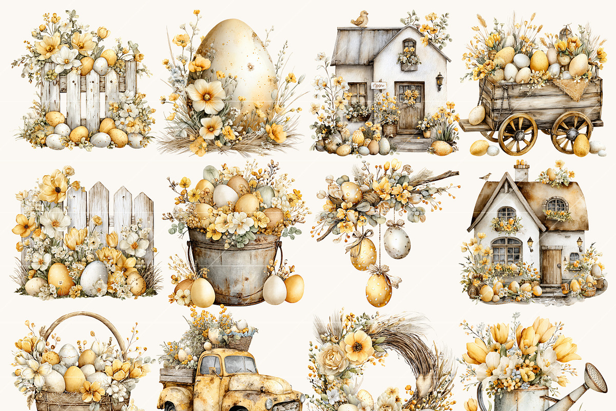 Watercolor Farmhouse Easter Clipart, an Object Illustration by BusyDaydesign (Photo 9 of 9)