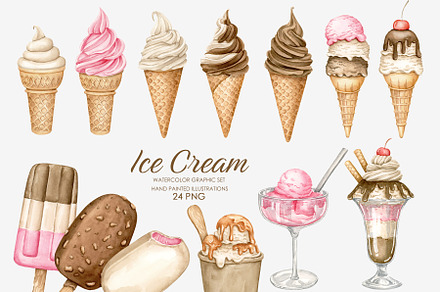 Watercolor Ice cream clipart, a Food Illustration by AquarelleSpace