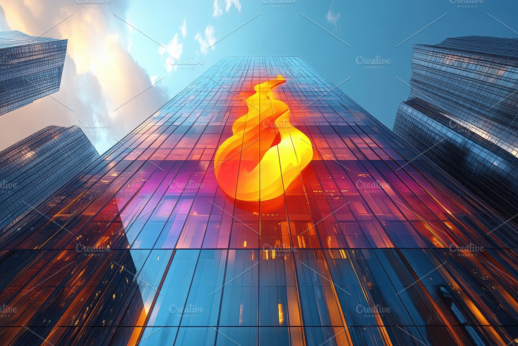 Modern skyscraper illuminated with v, a Photo by Tanuart