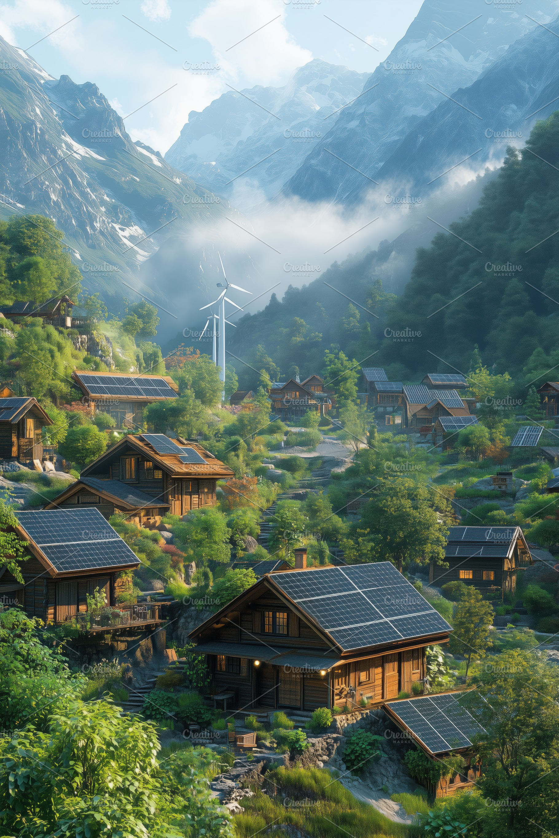 A picturesque mountain village with wooden houses, solar panels, and a wind tur, a Transportation Photo by Textures & Backgrounds