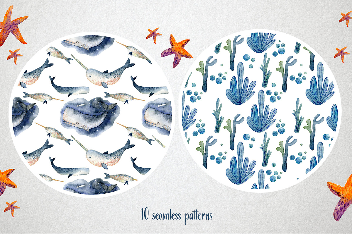 Watercolor Whales & Patterns, an Animal Illustration by annasokol_ (Photo 4 of 6)