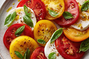 Delicious caprese salad featuring vibrant heirloom tomatoes and fresh basil, a Food & Drink Photo by AlyaAnd