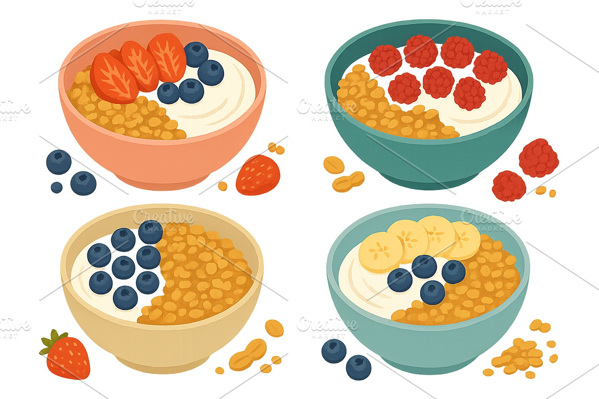 Delicious bowls of yogurt topped, a Food Illustration by ZinetroN