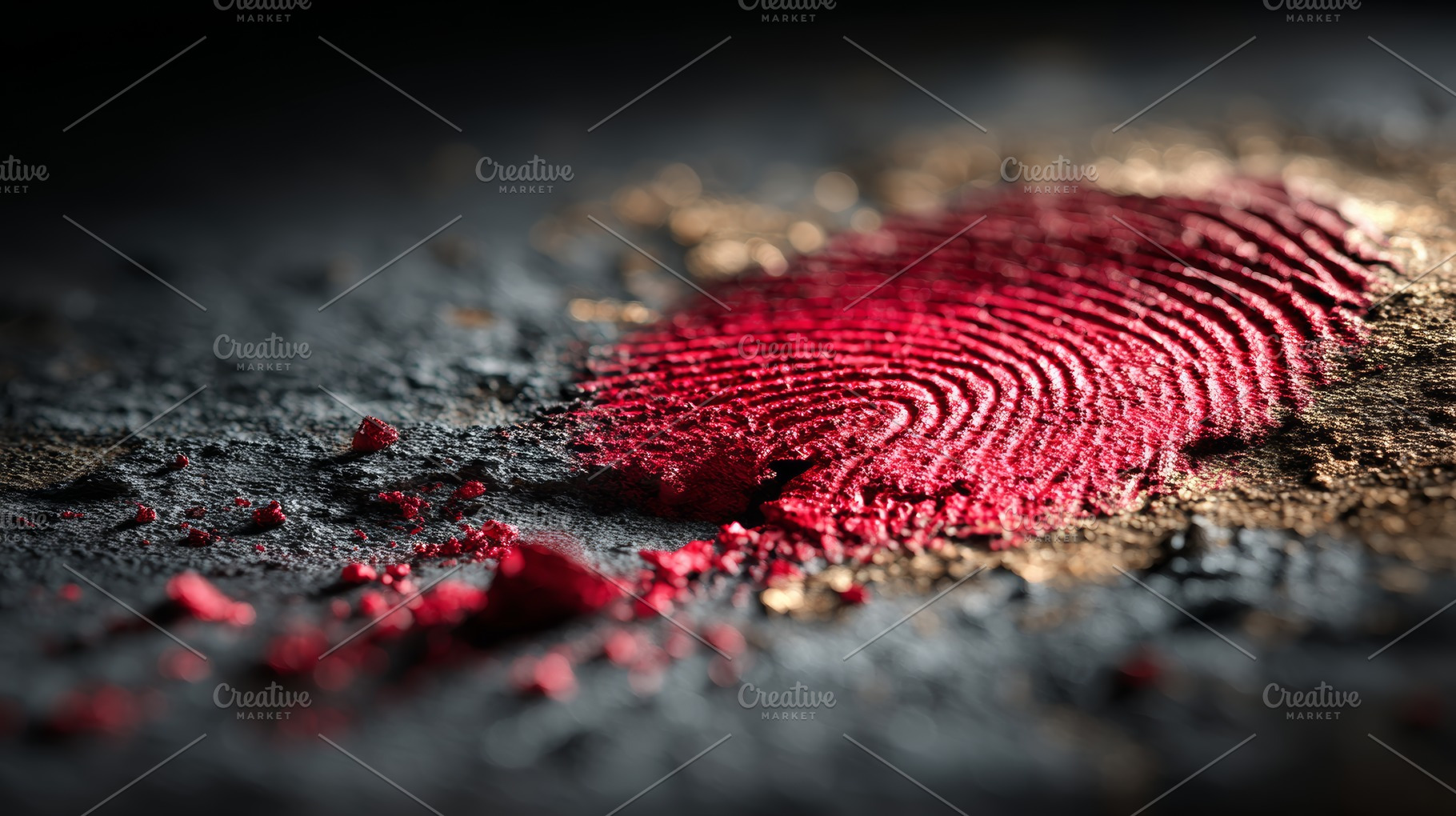 Close-up red fingerprint on dark textured surface suggesting crime scene eviden, a Photo by AS photostudio