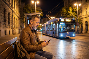 Man Using Smartphone, City Bus Stop, a Transportation Photo by Virgo Studio