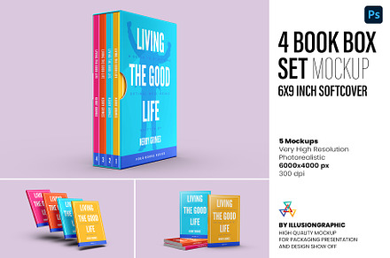 4 Book Box Set Mockup 6x9″ softcover, a Books & Magazine Mockup by Illusiongraphic