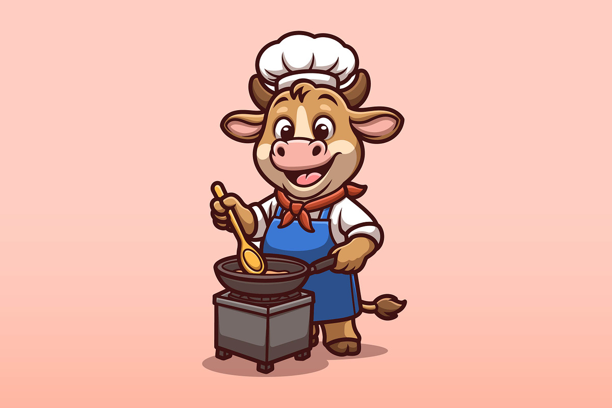 Cow Chef Cooking Cartoon Animal Char, an Animal Illustration by Gumrega Studio