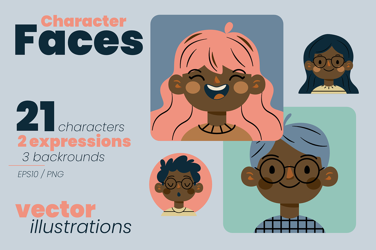 Character Faces Set, a Person Illustration by moja doodle (Photo 1 of 7)