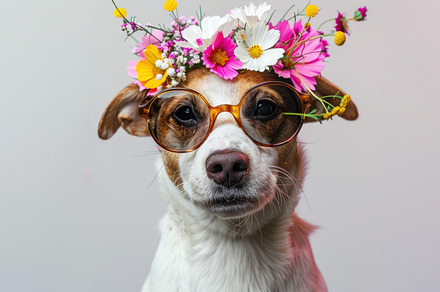 Fashion-Forward Pooch Poses with Floral Flair and Shades - Generative AI, an Animal Photo by José Manuel Gelpi