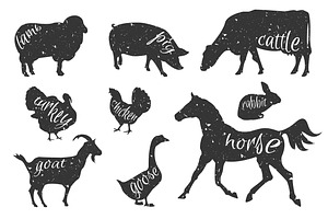 Set of farm animals silhouettes.