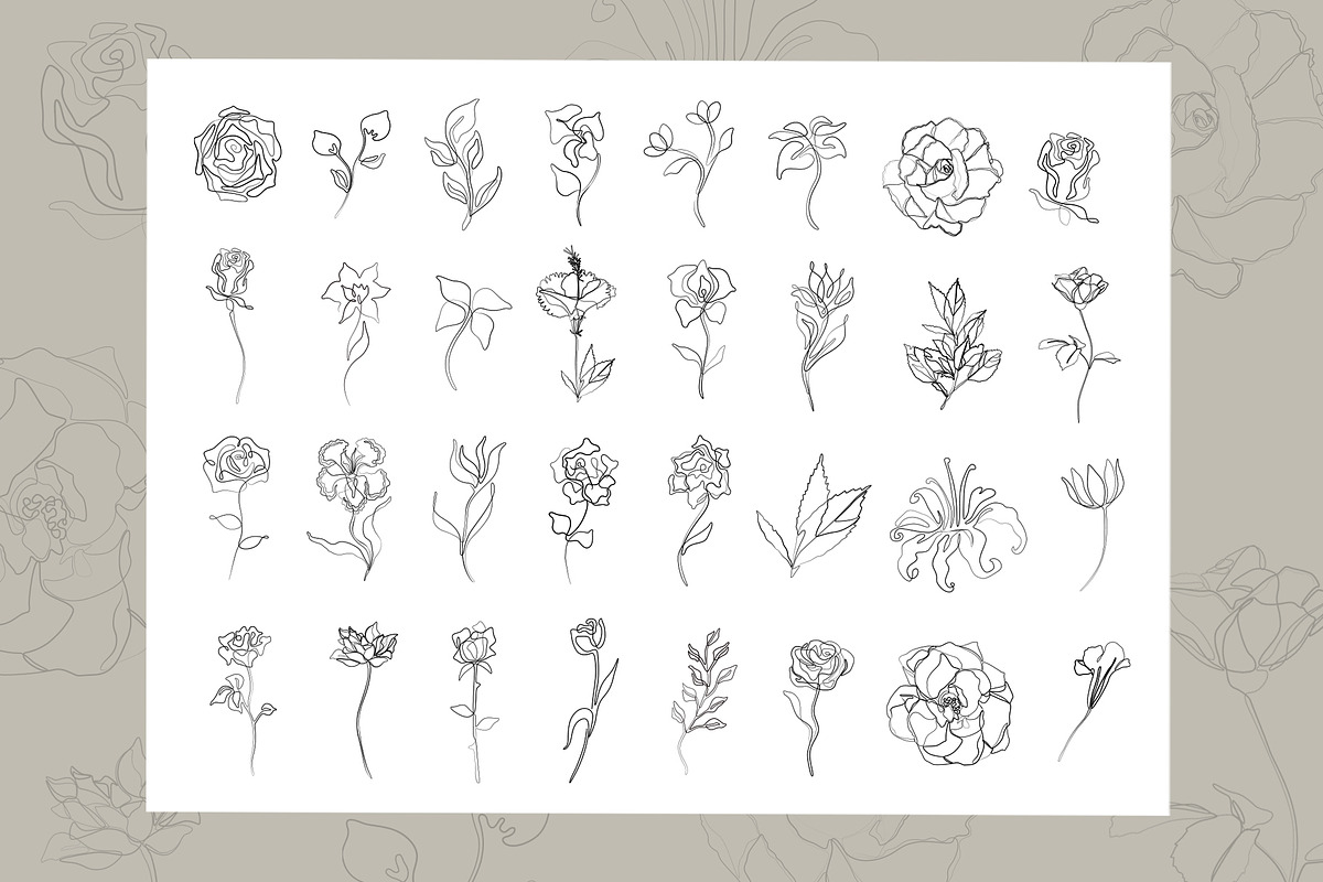 Set of 32 Flowers One line Art, a Decorative Illustration by Anastasiia_Dzhioeva