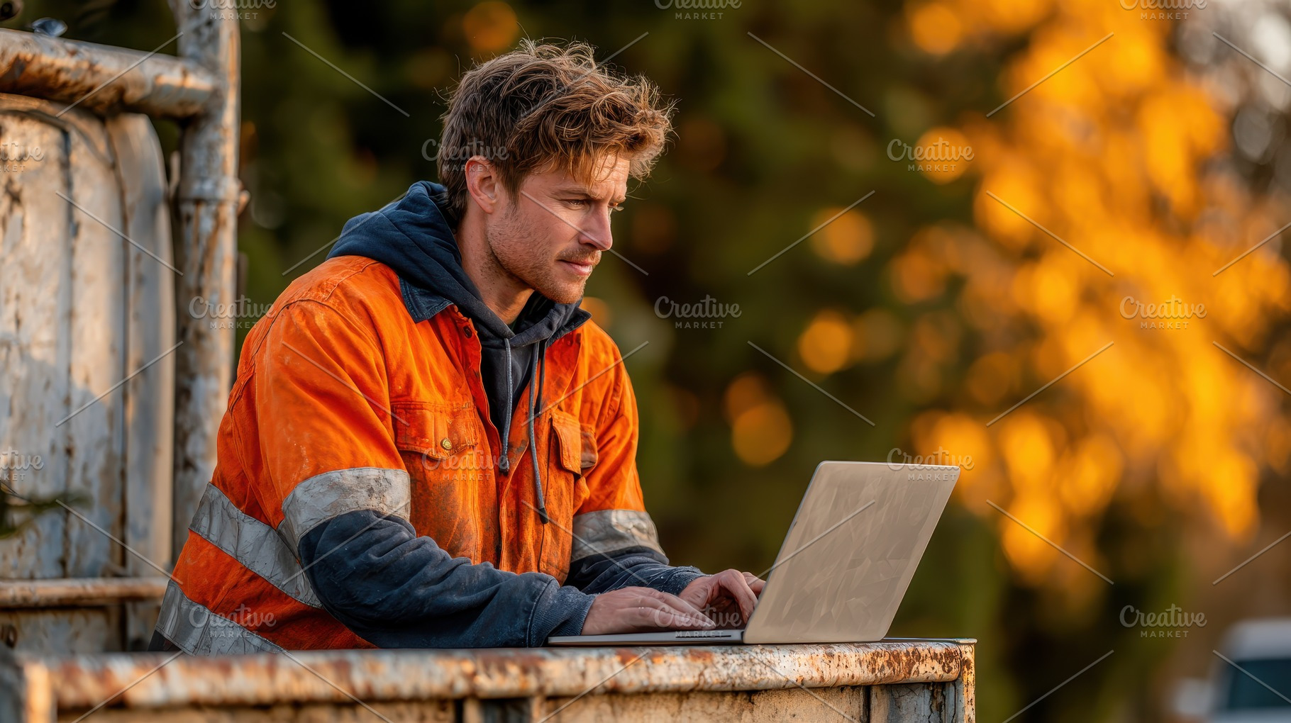 Worker using laptop outdoors in oran, a Photo by Pixeness Studio